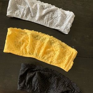 3 unlined lace strapless bralettes. 32B/34A.